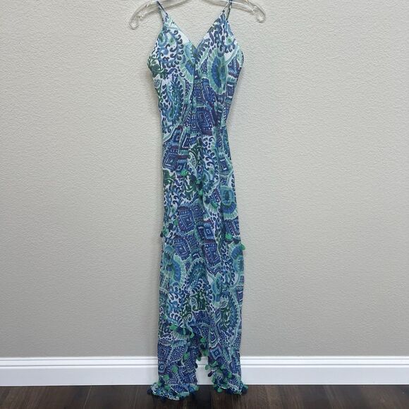 Charlie Paige NWT Dress One Size Flowy Cover Up Beaded Boho Blue Teal Aqua Beach - Picture 3 of 10
